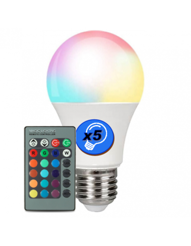 Lot de 5 ampoules LEDS Standard 230V 5W Multicolore avec Telecommande
